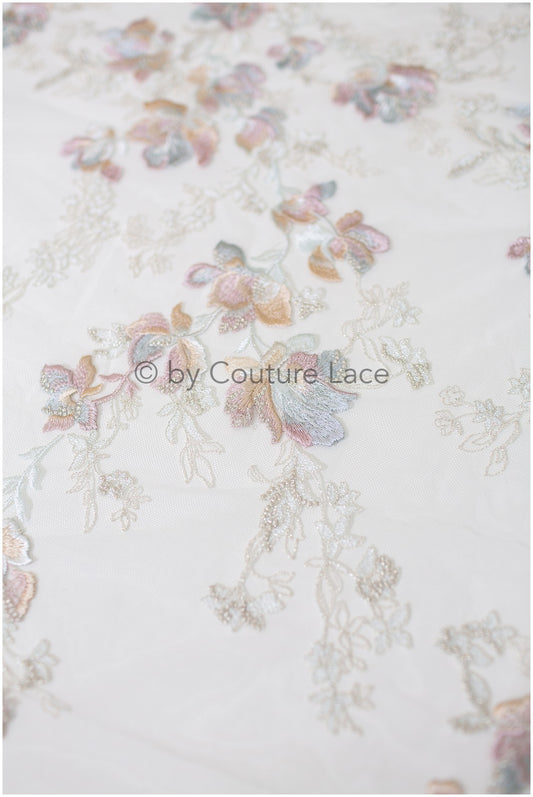 4-farbiger floraler Spitzenstoff, romantische pastellfarbene Spitze für Abendkleider, Blumenspitzenstoff in zarten Farben, bestickter Farbstoff// L19-259