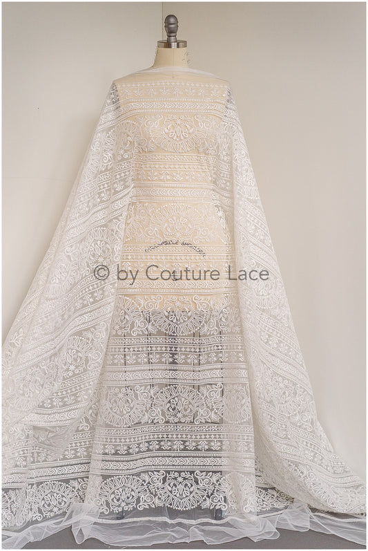 L19-011 // French designer cotton lace fabric for wedding dresses, French lace fabric, trimmed cotton lace, striped wedding dress lace