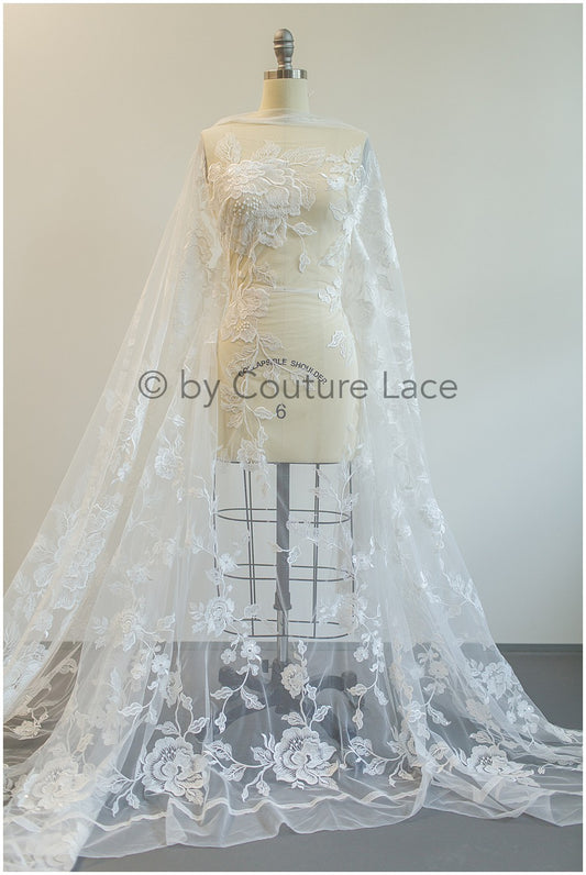 Französische Spitze für das Brautkleid, Floral gemusterte Spitze, Spitzenstoff für die Braut, Französischer Spitzenstoff für die Braut, Bestickter Chantilly-Spitzenstoff// L19-270