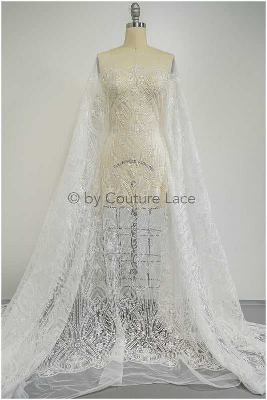 Boho-Spitzenstoff, gewellter Spitzenstoff für Brautkleider, verzierter Braut-Spitzenstoff mit Blumen und Blättern, Punkt- und Linienspitze// L20-342