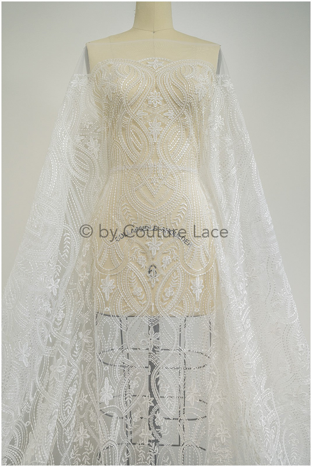 Boho lace fabric, wavy lace fabric for wedding dresses, embellished bridal lace fabric with flowers and leaves, dot and line lace// L20-342