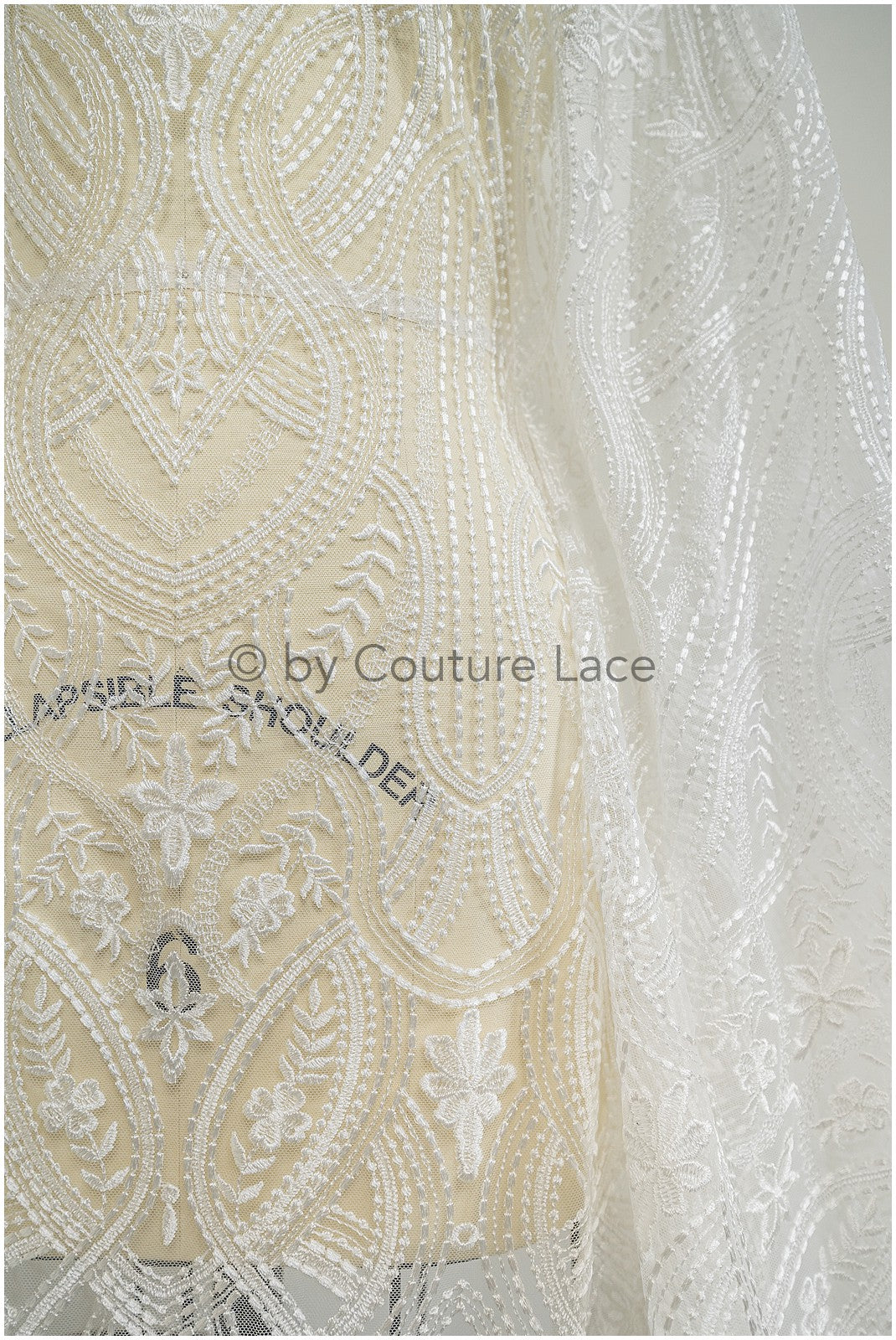 Boho lace fabric, wavy lace fabric for wedding dresses, embellished bridal lace fabric with flowers and leaves, dot and line lace// L20-342