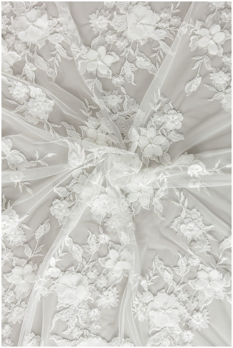 Perlen Spitzenstoff mit 3D-Blumen Off-White/ Couture Spitzenstoff/ Braut Spitzenstoff/ Perlen Spitze// L23-171A