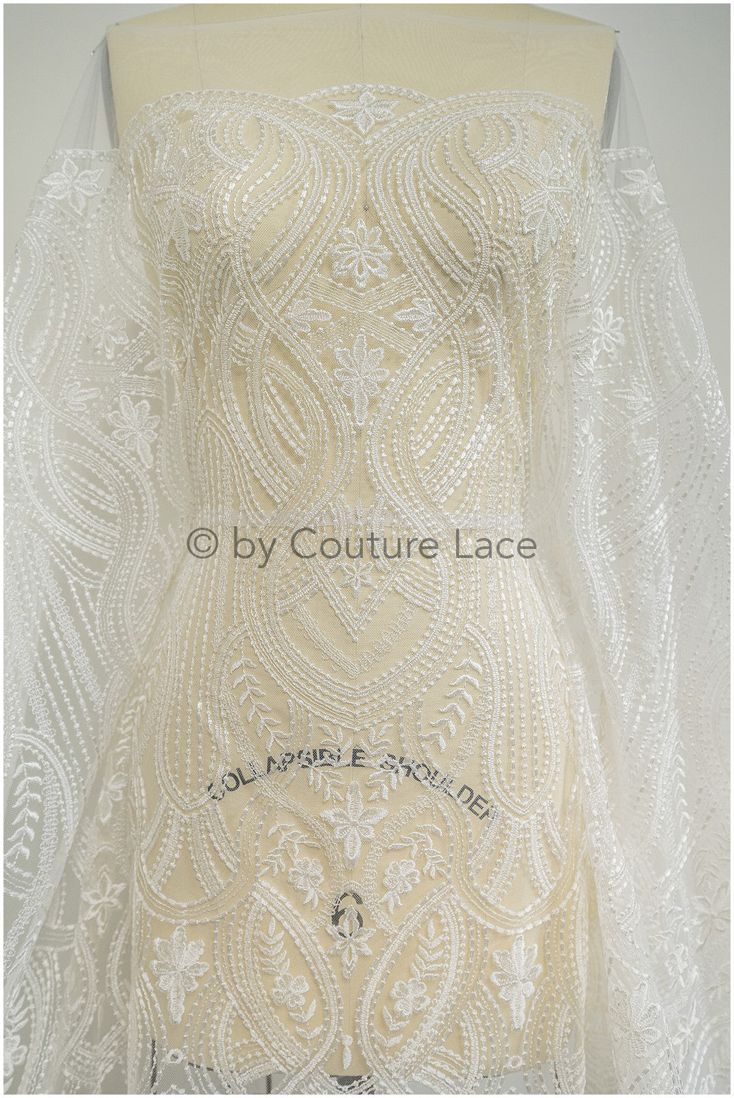 Boho lace fabric, wavy lace fabric for wedding dresses, embellished bridal lace fabric with flowers and leaves, dot and line lace// L20-342