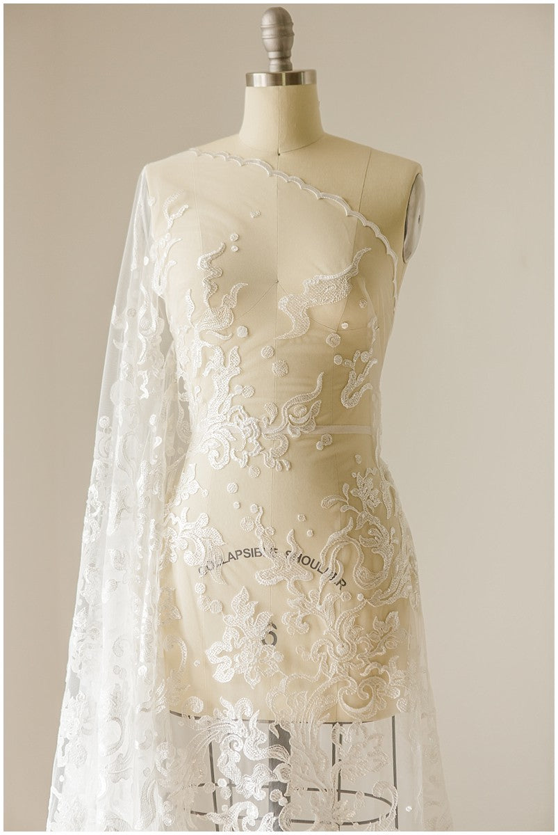 Floral Bridal Lace/ Bridal Lace Fabric with Sequins/ Off-White Bridal Lace/ Embroidered Wedding Lace/ Couture Lace/ L17-021B