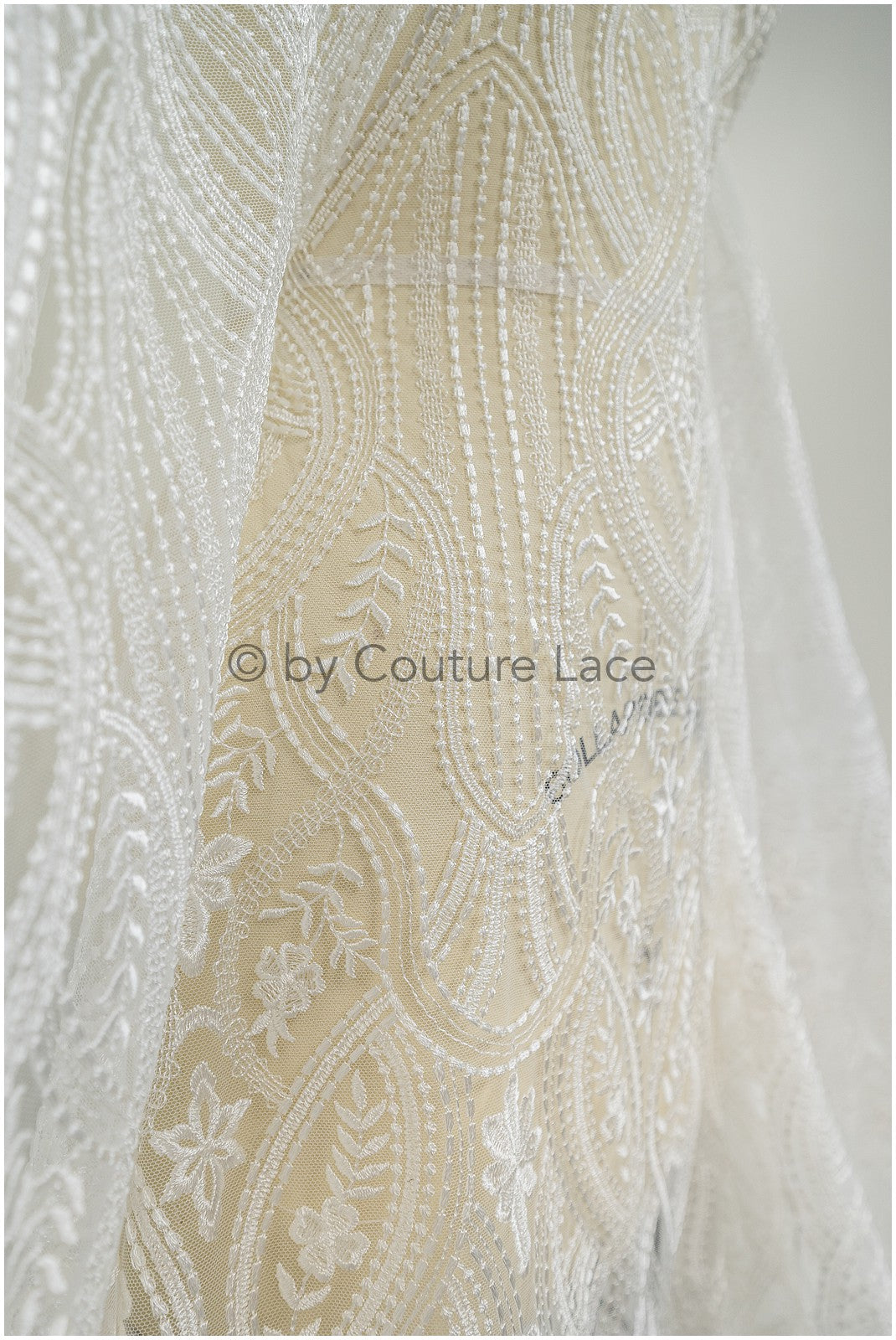 Boho lace fabric, wavy lace fabric for wedding dresses, embellished bridal lace fabric with flowers and leaves, dot and line lace// L20-342