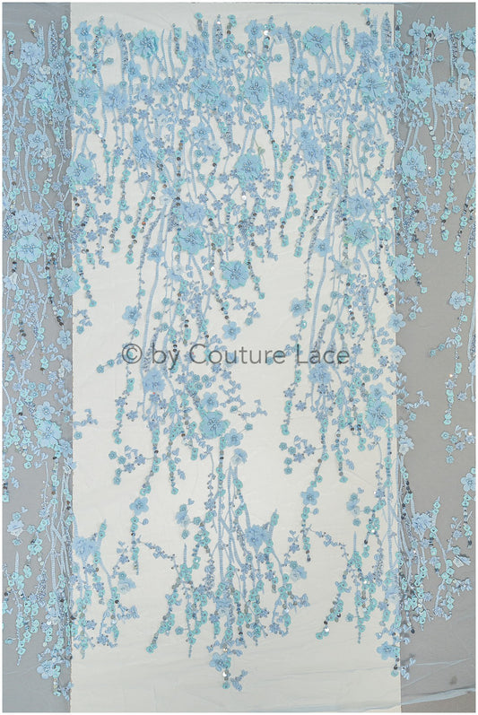 3D Blumen-Spitzenstoff blau/ Französischer Braut-Spitzenstoff/ Romantischer Blumen-Spitzenstoff mit 3D Blumen/ Hochzeitsspitzenstoff// L24-329