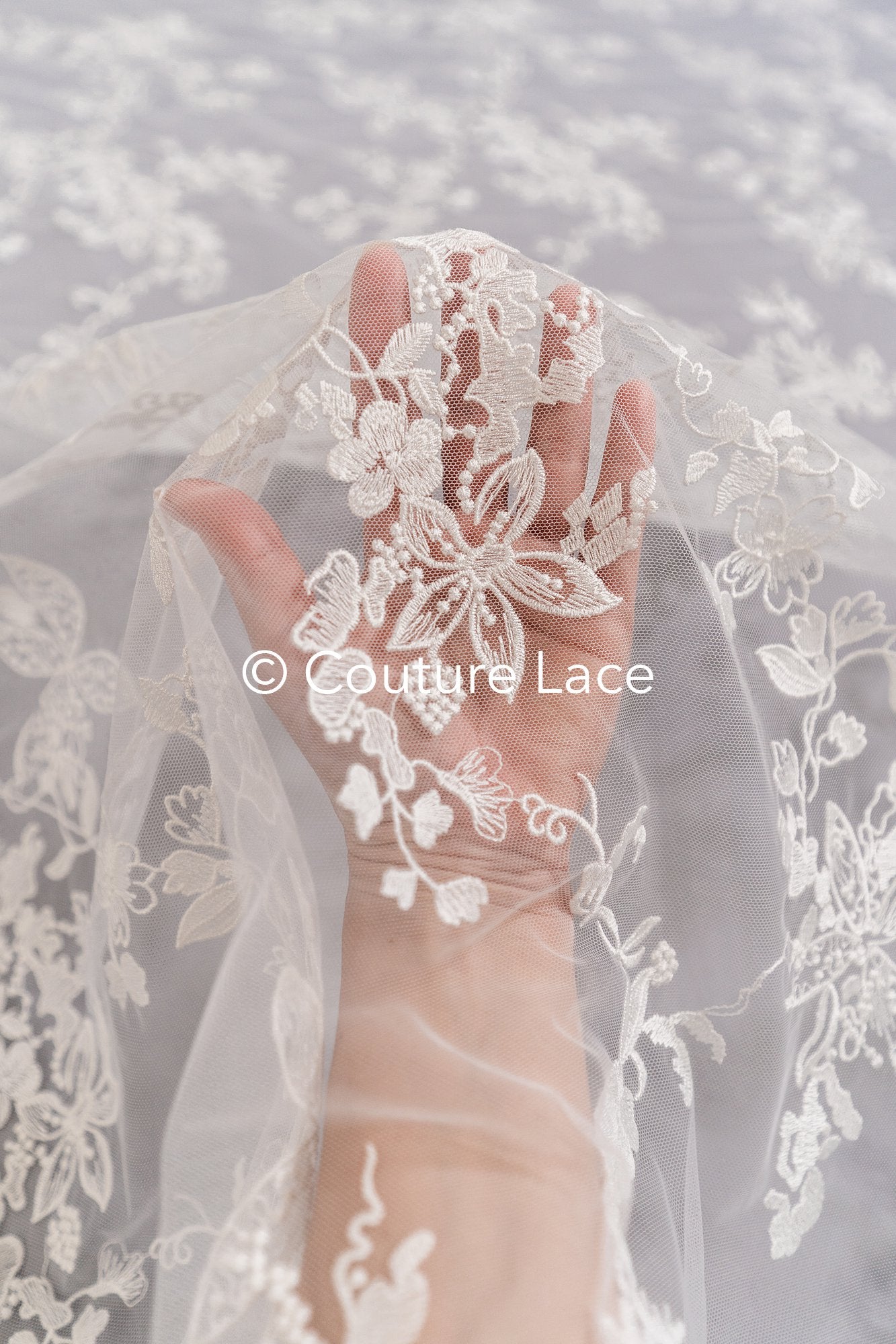 Floral embroidered bridal lace fabric, high-quality lace fabric for wedding dresses // L25-671