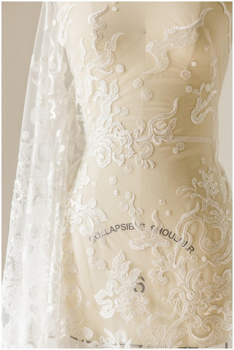 Floral Bridal Lace/ Bridal Lace Fabric with Sequins/ Off-White Bridal Lace/ Embroidered Wedding Lace/ Couture Lace/ L17-021B