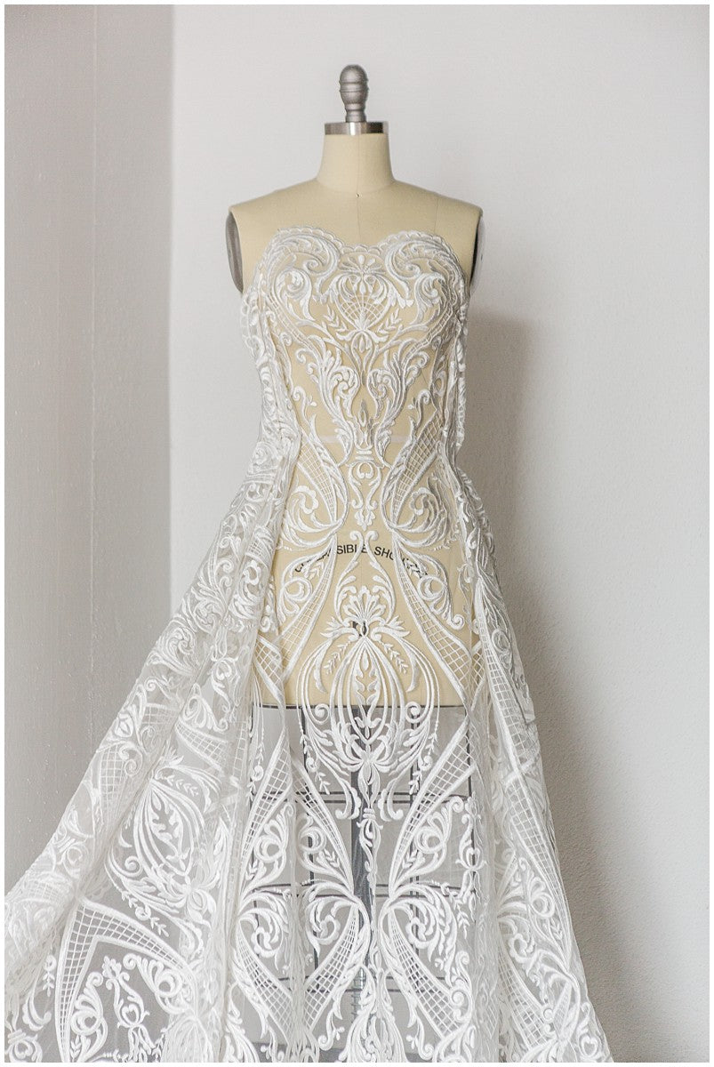 schwerer bestickter Braut-Spitzenstoff, Brautkleid-Stoff, Hochzeitskleid-Tüll, Blumenspitze, schnurgebundener Spitzenstoff// L17-180