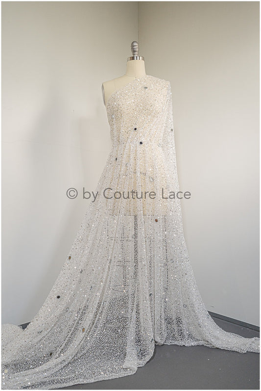 Couture Spitze mit Spiegeln und Pailletten für elegantes Design, Handbestickte Luxus Spitze // L25-128