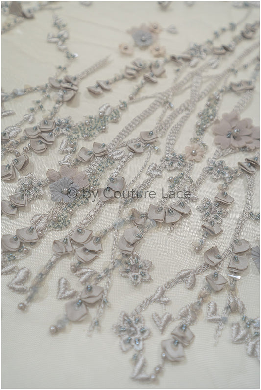 3D Blumen-Spitzenstoff grau/ Französischer Braut-Spitzenstoff/ Romantischer Blumen-Spitzenstoff mit 3D Blumen/ Hochzeitsspitzenstoff// L24-330