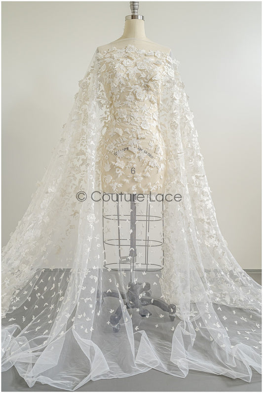 Romantische Brautspitze mit 3D Blüten, Bestickte florale Spitze mit 3D Blumen // L25-431W