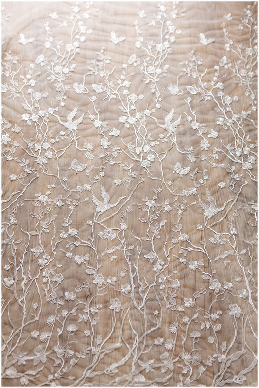 L17-020 // Einzigartiger floraler Brautspitzenstoff mit Vögeln, Blumen, Schmetterlingen, Hochzeitsspitzenstoff, Mira Zwillinger inspiriertes Ass, Brautspitze