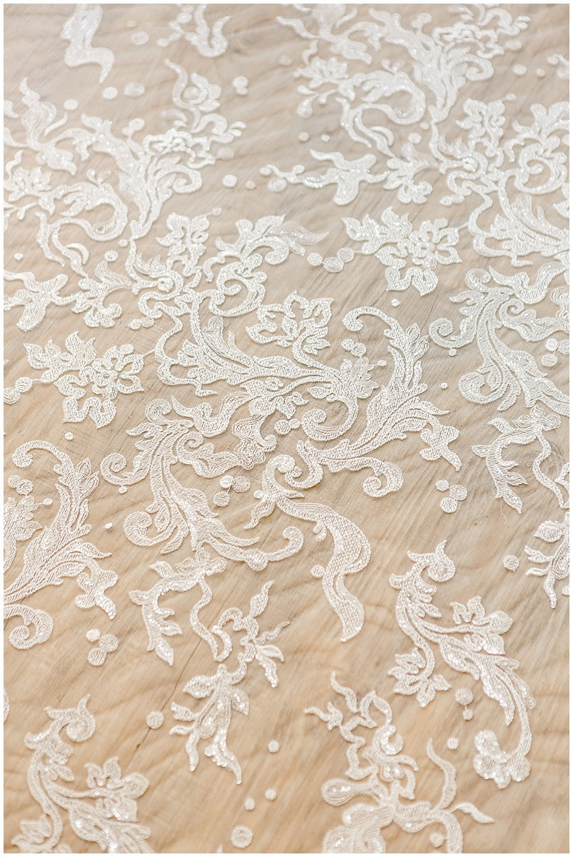 Floral Bridal Lace/ Bridal Lace Fabric with Sequins/ Off-White Bridal Lace/ Embroidered Wedding Lace/ Couture Lace/ L17-021B