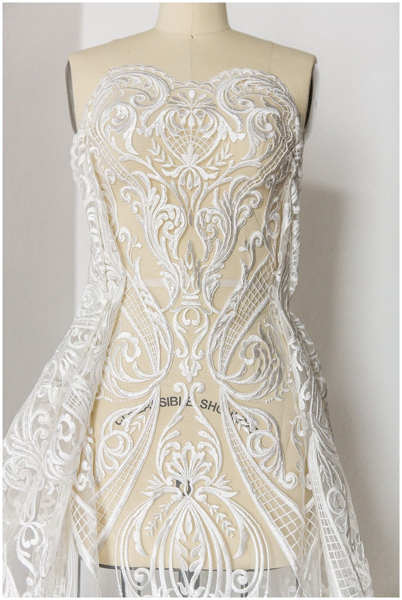 schwerer bestickter Braut-Spitzenstoff, Brautkleid-Stoff, Hochzeitskleid-Tüll, Blumenspitze, schnurgebundener Spitzenstoff// L17-180