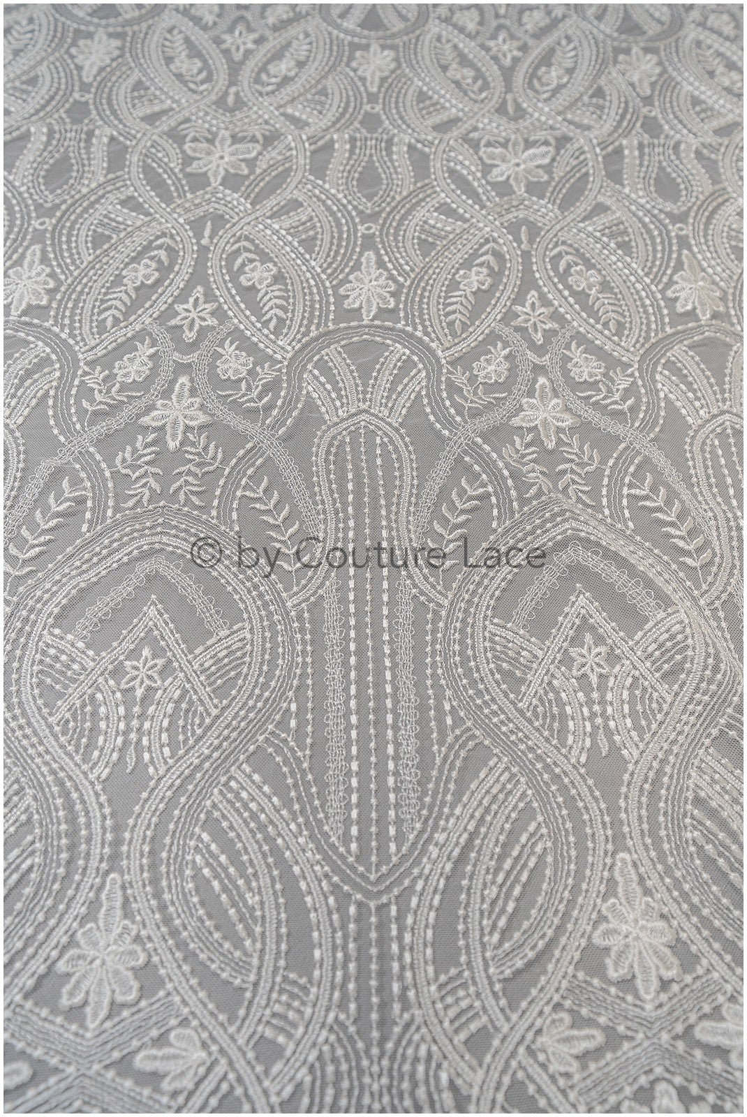 Boho lace fabric, wavy lace fabric for wedding dresses, embellished bridal lace fabric with flowers and leaves, dot and line lace// L20-342