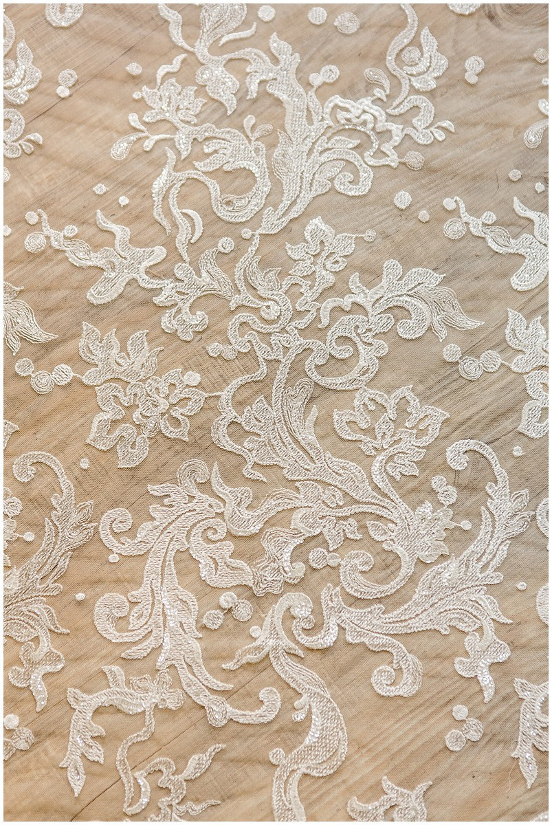 Floral Bridal Lace/ Bridal Lace Fabric with Sequins/ Off-White Bridal Lace/ Embroidered Wedding Lace/ Couture Lace/ L17-021B