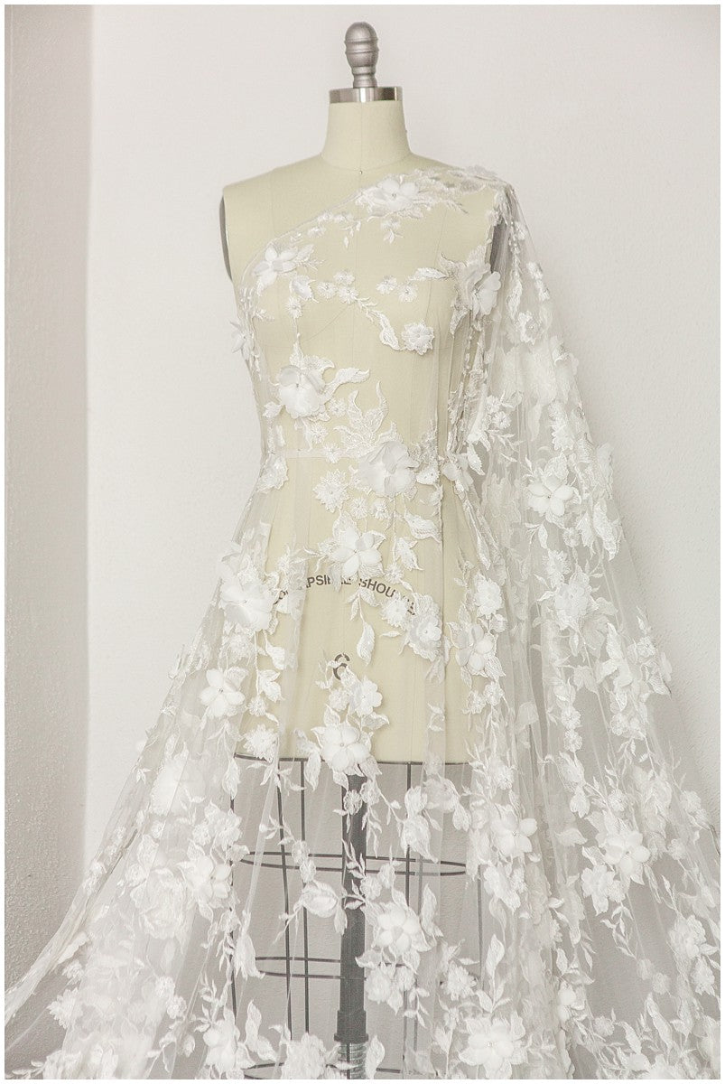 Perlen Spitzenstoff mit 3D-Blumen Off-White/ Couture Spitzenstoff/ Braut Spitzenstoff/ Perlen Spitze// L23-171A