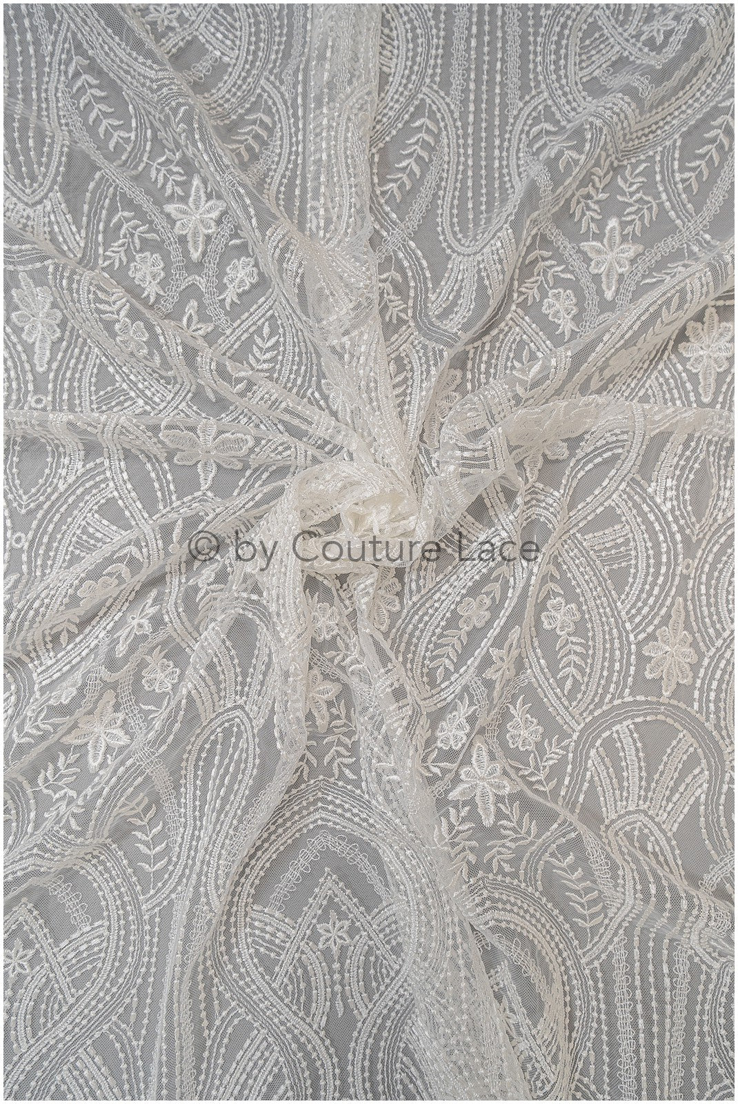 Boho lace fabric, wavy lace fabric for wedding dresses, embellished bridal lace fabric with flowers and leaves, dot and line lace// L20-342