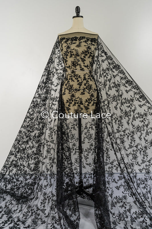 Abendkleid Spitze Stoff/ schwarze Spitze/ florale Abendkleider Spitze/ schwarze Couture Spitze// L25-007BLK