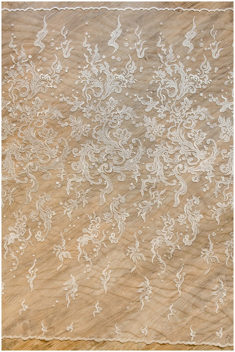 Floral Bridal Lace/ Bridal Lace Fabric with Sequins/ Off-White Bridal Lace/ Embroidered Wedding Lace/ Couture Lace/ L17-021B