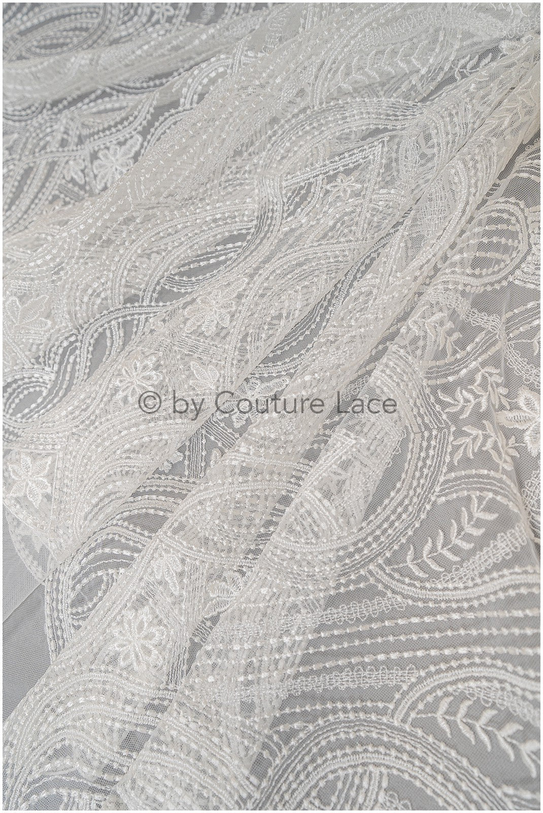 Boho lace fabric, wavy lace fabric for wedding dresses, embellished bridal lace fabric with flowers and leaves, dot and line lace// L20-342