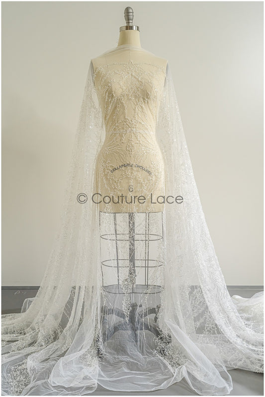 Wunderschöner Perlen-Spitzenstoff mit Linien, Couture-Spitzenstoff mit Perlen und Pailletten, Brautspitze mit Zweigen und Linien// L22-473