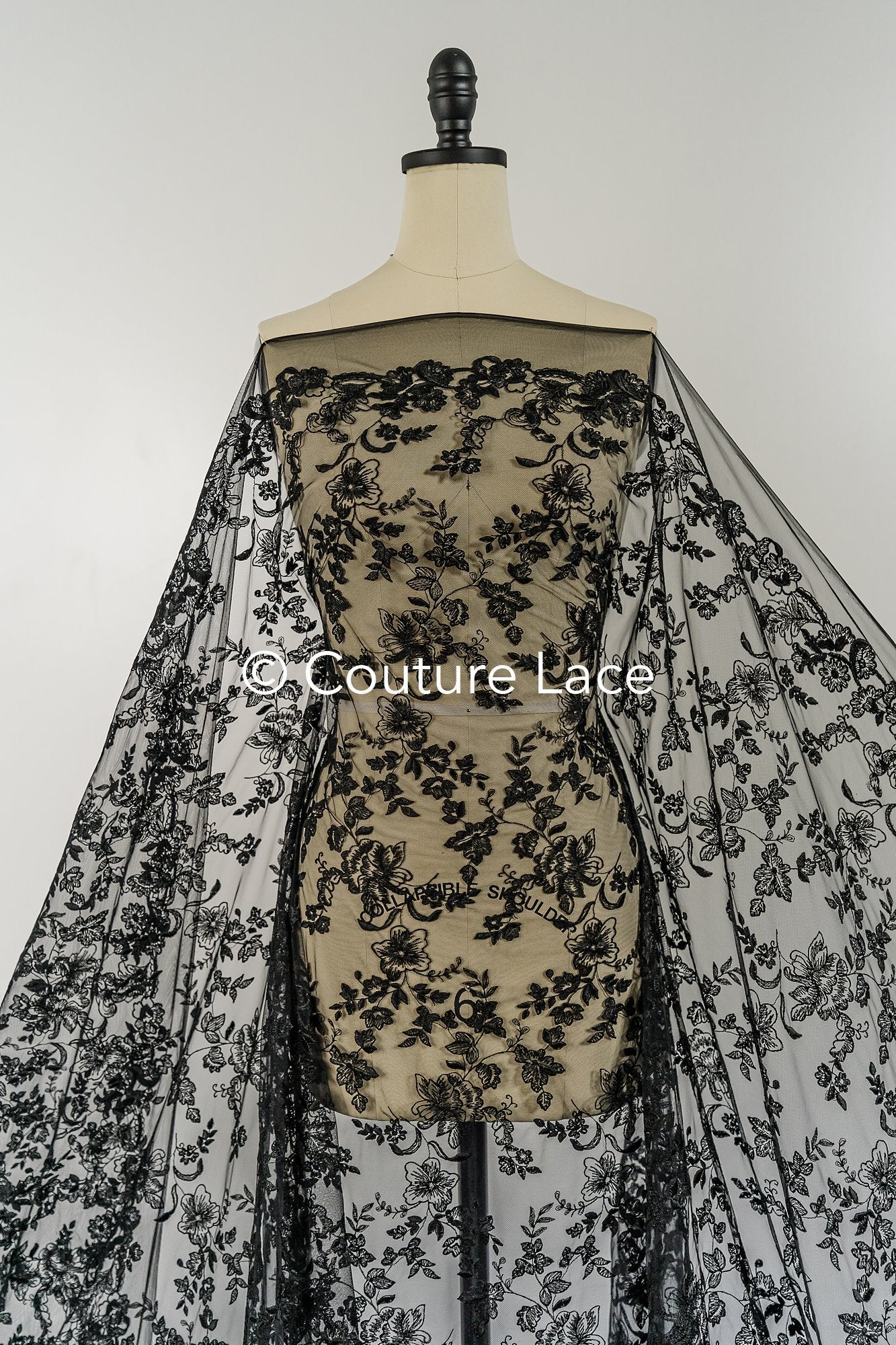 Abendkleid Spitze Stoff/ schwarze Spitze/ florale Abendkleider Spitze/ schwarze Couture Spitze// L25-007BLK