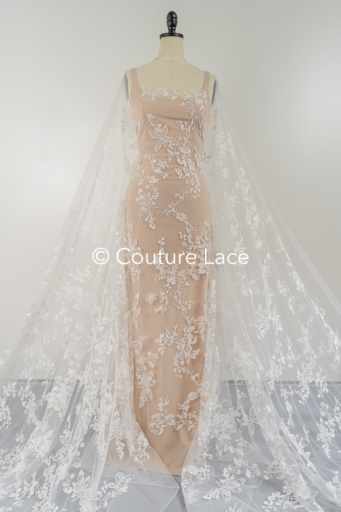 Floral embroidered bridal lace fabric, high-quality lace fabric for wedding dresses // L25-671