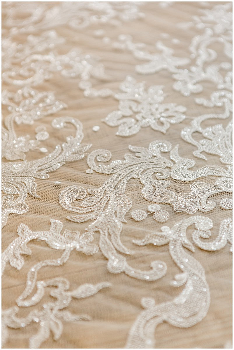 Floral Bridal Lace/ Bridal Lace Fabric with Sequins/ Off-White Bridal Lace/ Embroidered Wedding Lace/ Couture Lace/ L17-021B