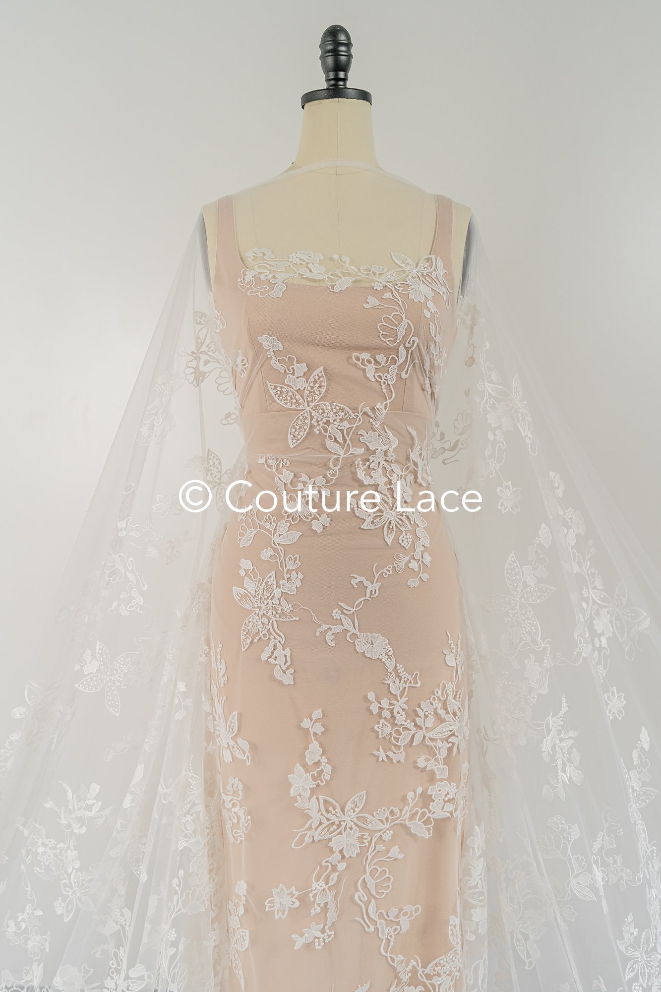 Floral embroidered bridal lace fabric, high-quality lace fabric for wedding dresses // L25-671