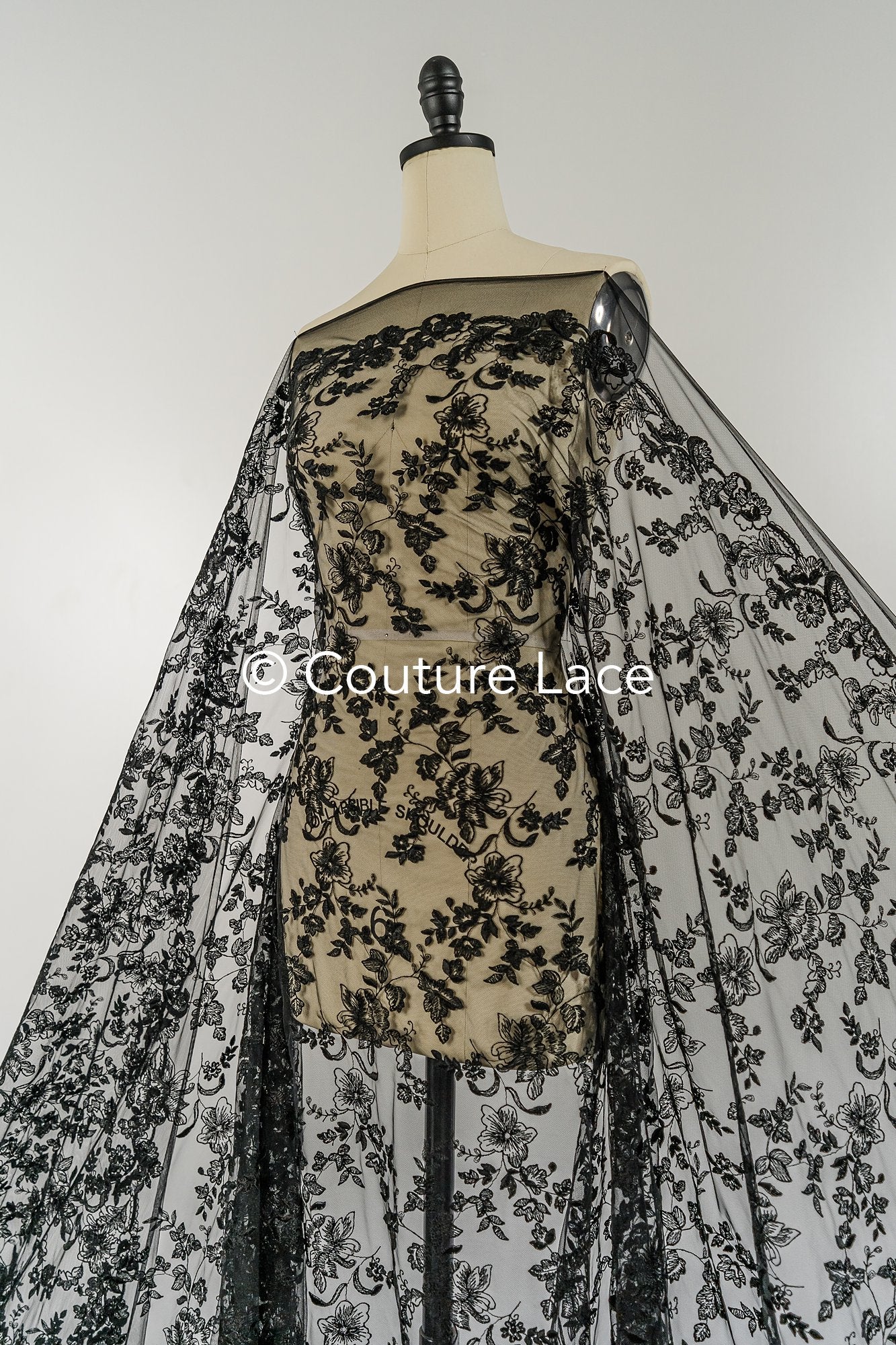 Abendkleid Spitze Stoff/ schwarze Spitze/ florale Abendkleider Spitze/ schwarze Couture Spitze// L25-007BLK