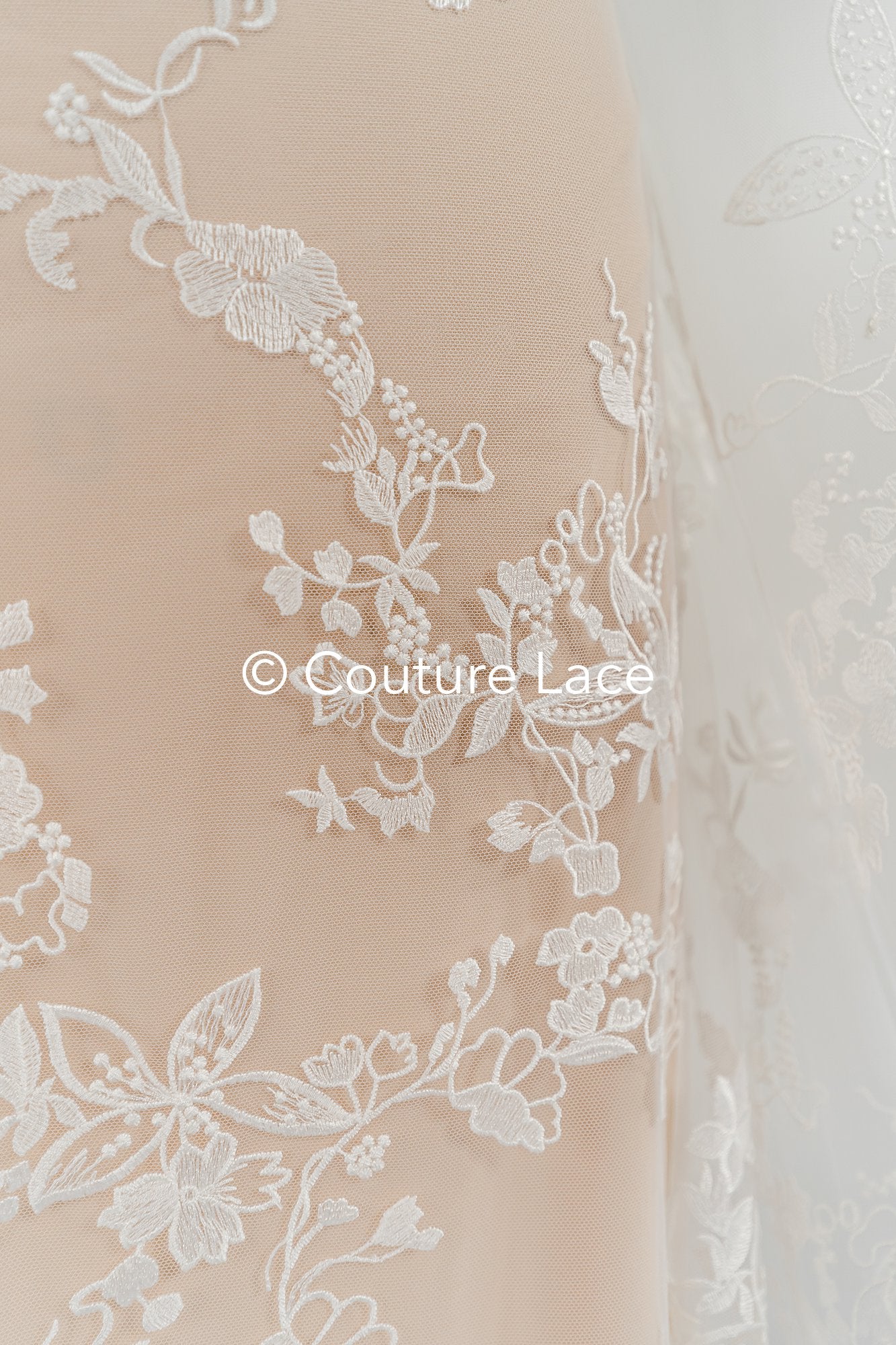 Floral embroidered bridal lace fabric, high-quality lace fabric for wedding dresses // L25-671