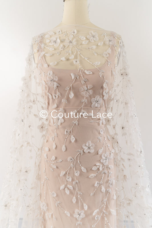 Handbestickte 3D-Blumen Braut Spitze Stoff Off-White - Couture Braut Spitze mit Perlen, Straß und 3D blüten// L25-122N