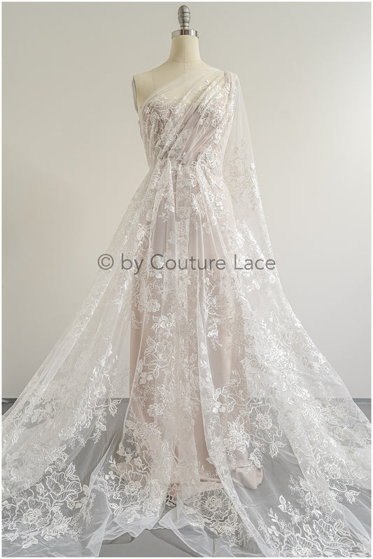 Romantischer Blumen Spitzenstoff/ bestickte Blumenspitze Off-White/ Hochzeitskleid Spitze/ Rosen Spitzenstoff/ Braut Spitze// L25-031NT