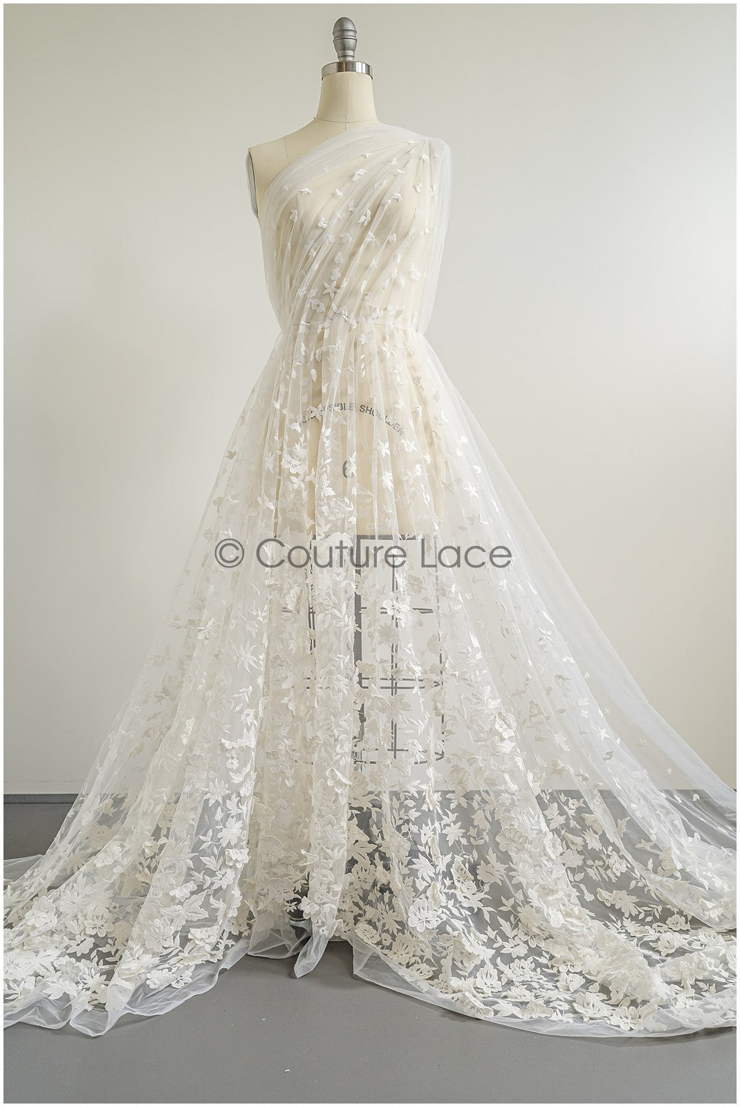 Romantische Brautspitze mit 3D Blüten, Bestickte florale Spitze mit 3D Blumen // L25-431W
