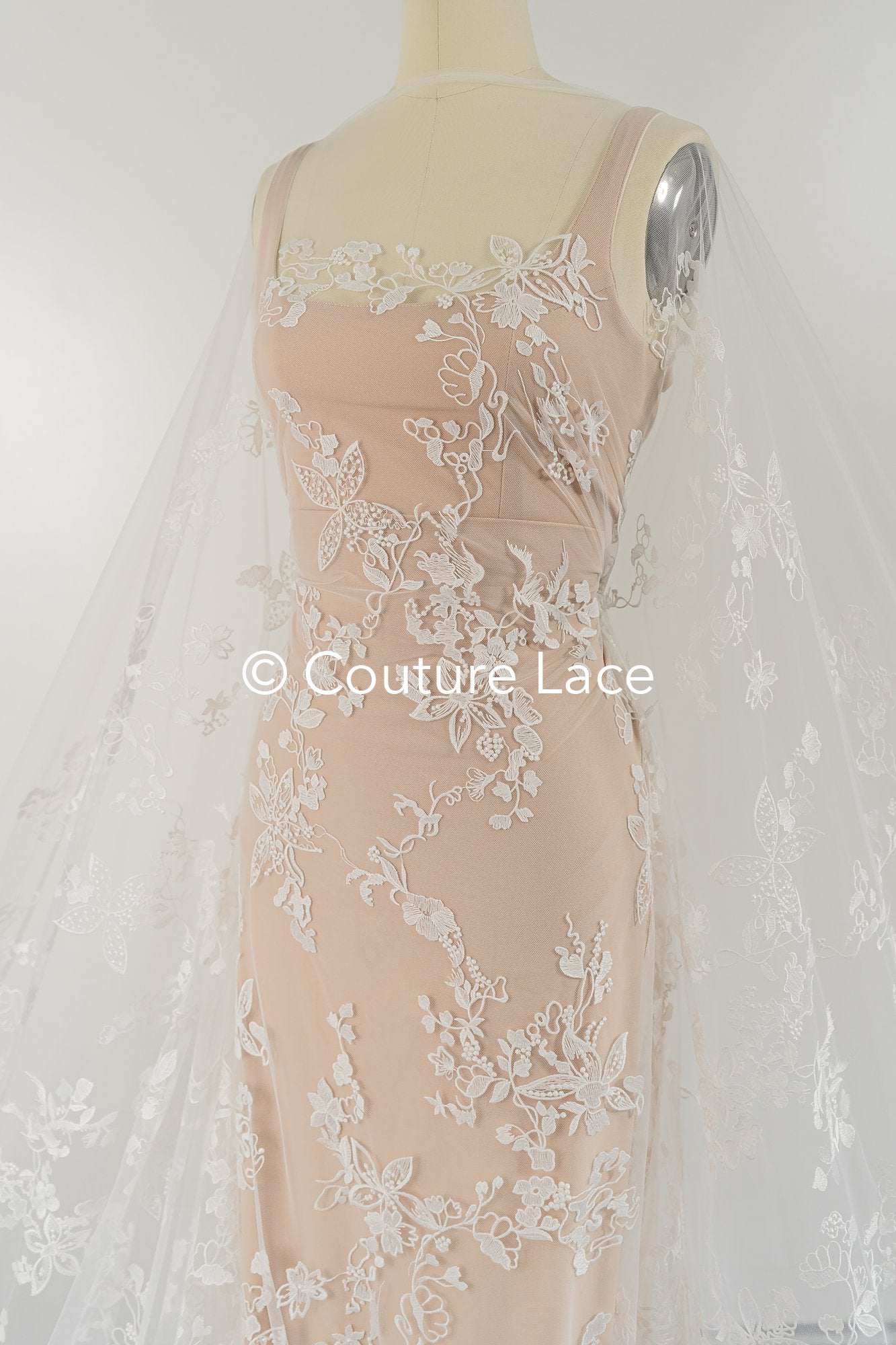 Floral embroidered bridal lace fabric, high-quality lace fabric for wedding dresses // L25-671