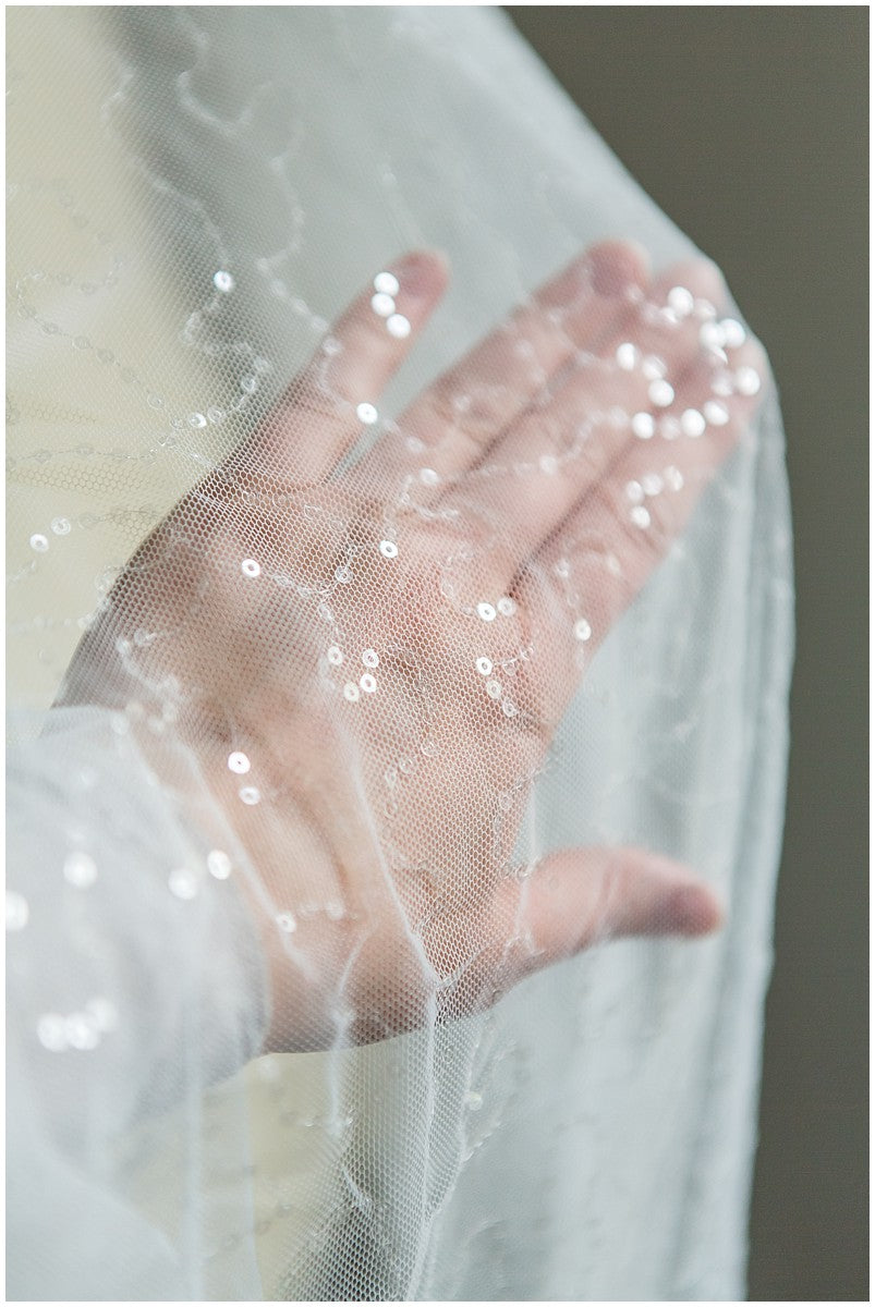 Fine sequin lace/ sequin tulle fabric for wedding dresses/ off-white lace with sequins// L17-076P