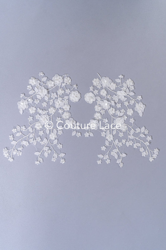 Romantische Applikation off-white/ Brautapplikation mit 3D Blumen & Perlen/ Brautkleid Spitzenapplikation/ Blumen Brautspitze Applikation// A24-381