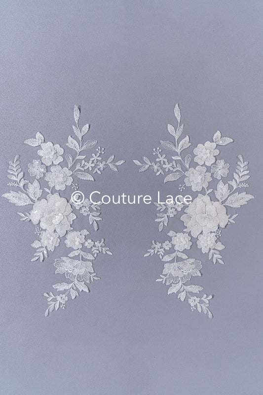 Brautspitzenapplikationen mit 3D Blumen/ Brautkleid Spitzenverzierungen mit Perlen// A24-460