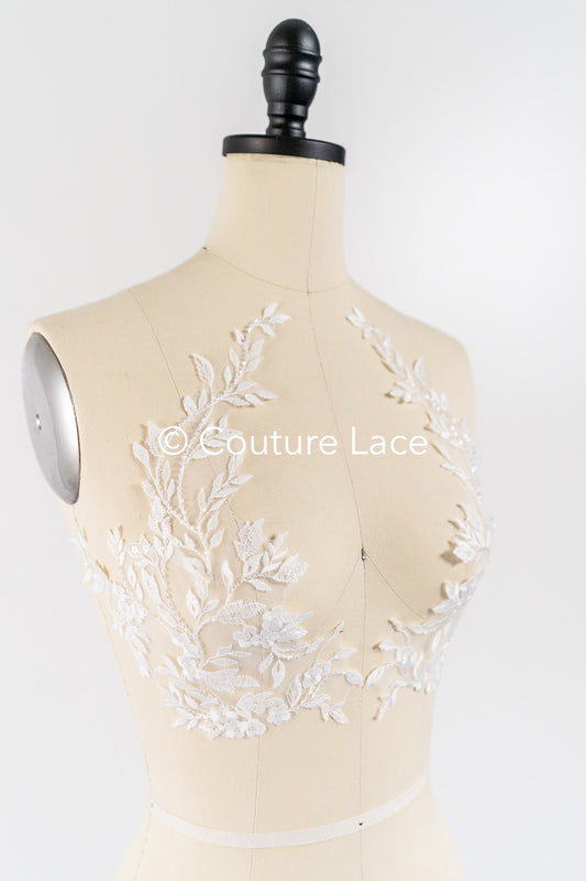 Perlenmuster aus Blumenspitze für das Brautkleid/zarte Spitzenapplikationen für das Brautkleid/perlenbesetzte Spitzenaufnäher für das Brautkleid// A24-461