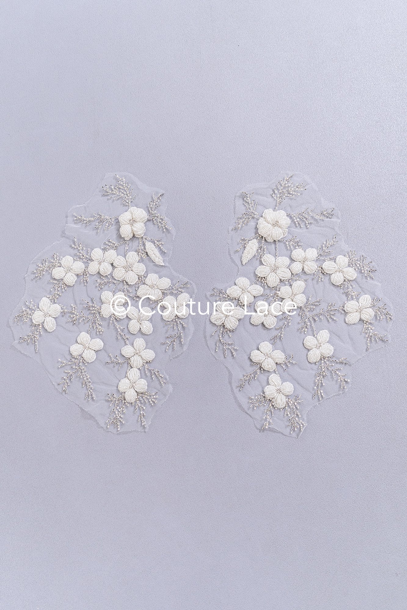 Hand-embroidered 3D appliqués with 3D flowers for wedding dresses // A25-517