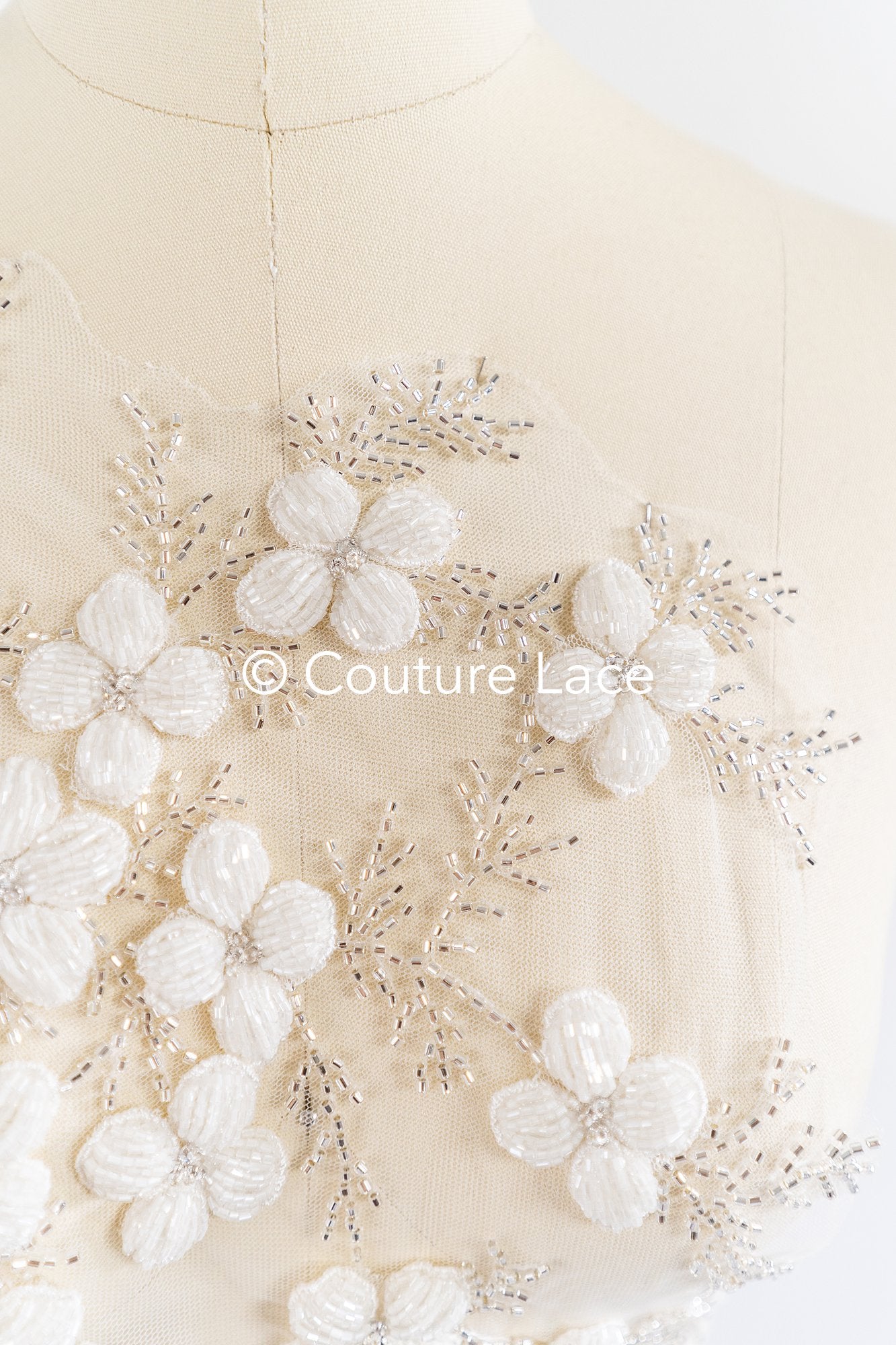 Hand-embroidered 3D appliqués with 3D flowers for wedding dresses // A25-517