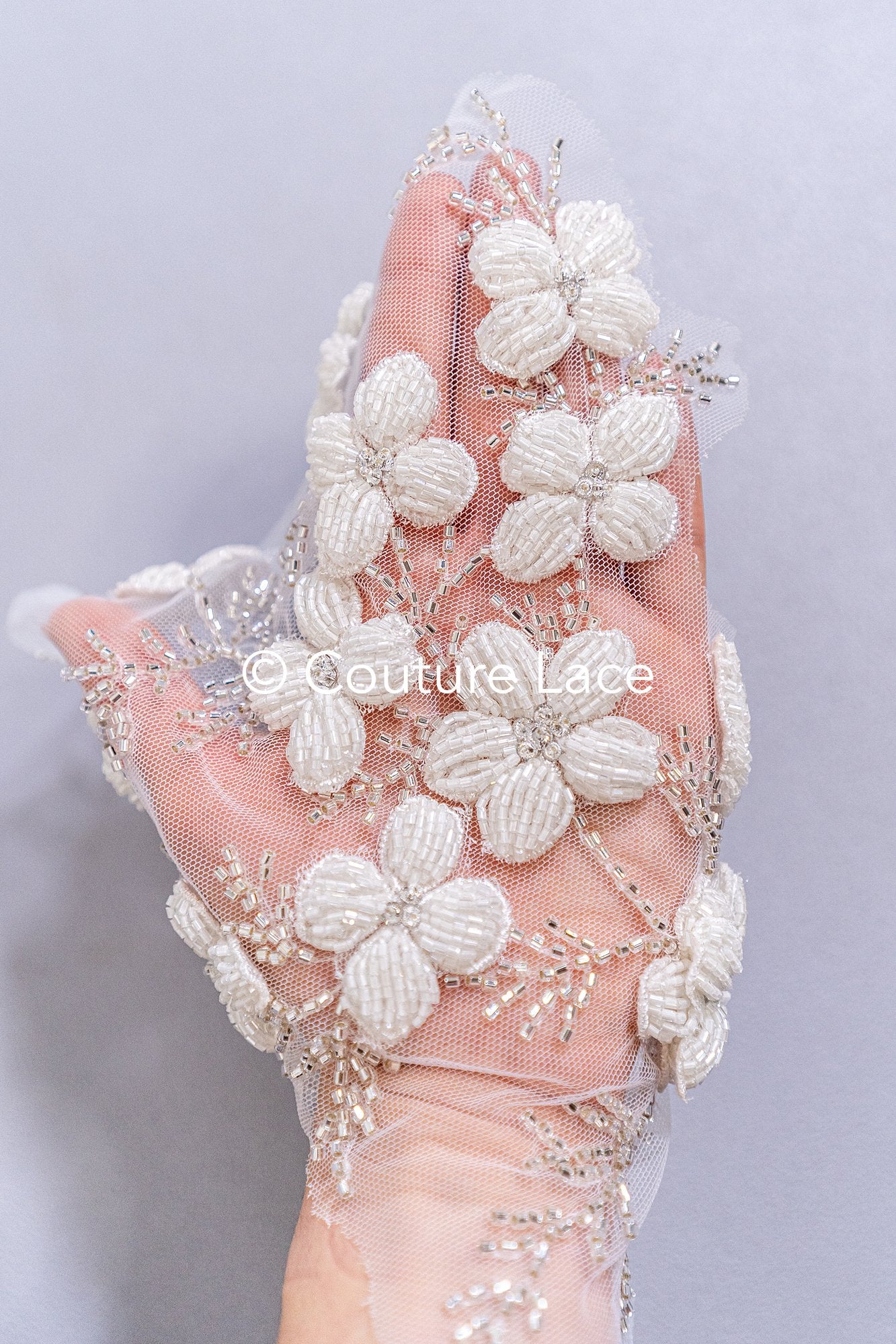 Hand-embroidered 3D appliqués with 3D flowers for wedding dresses // A25-517