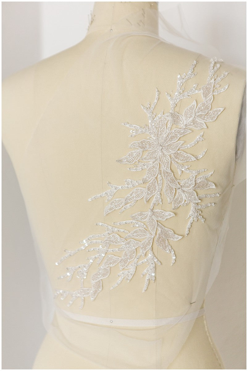 Beautiful hand embroidered 3D lace/ hand embroidered dress panel/ wedding dress lace/ shiny pearl appliques for dresses/ bridal lace panel// E18-007A