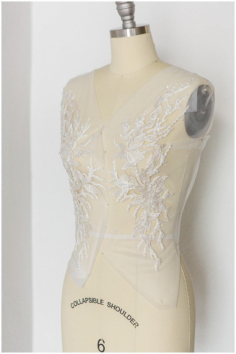 Beautiful hand embroidered 3D lace/ hand embroidered dress panel/ wedding dress lace/ shiny pearl appliques for dresses/ bridal lace panel// E18-007A