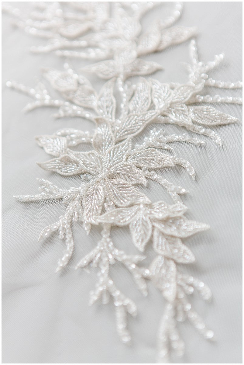Beautiful hand embroidered 3D lace/ hand embroidered dress panel/ wedding dress lace/ shiny pearl appliques for dresses/ bridal lace panel// E18-007A