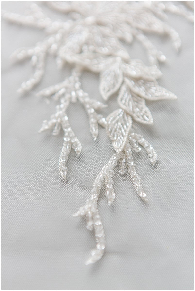 Beautiful hand embroidered 3D lace/ hand embroidered dress panel/ wedding dress lace/ shiny pearl appliques for dresses/ bridal lace panel// E18-007A