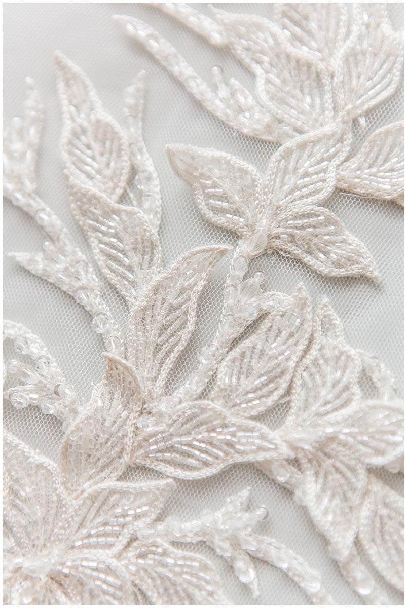 Beautiful hand embroidered 3D lace/ hand embroidered dress panel/ wedding dress lace/ shiny pearl appliques for dresses/ bridal lace panel// E18-007A